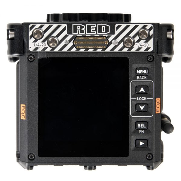 RED KOMODO 6K Kinokamera von oben mit 1/4-Zoll-Gewinden und integriertem Statusdisplay.