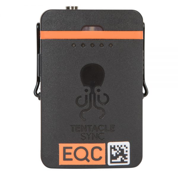 Tentacle Sync TRACK E von der Rückseite mit Gürtelclip und Octopus-Logo auf schwarzem Kunststoffgehäuse.