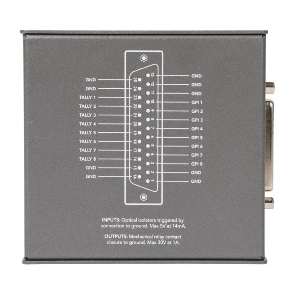 Blackmagic Design GPI & Tally Interface mit beschrifteter Pinbelegung für Tally- und GPI-Anschlüsse.