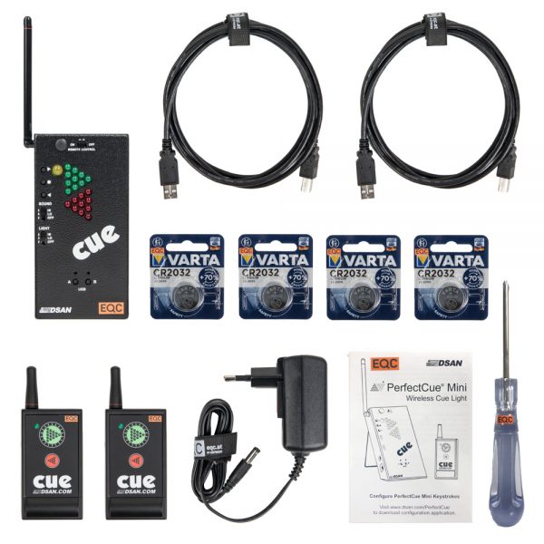 DSAN PerfectCue Mini ist ein Cue-Licht-System mit Basisstation und zwei Zwei-Tasten-Sendern, Reichweite bis 100 m.