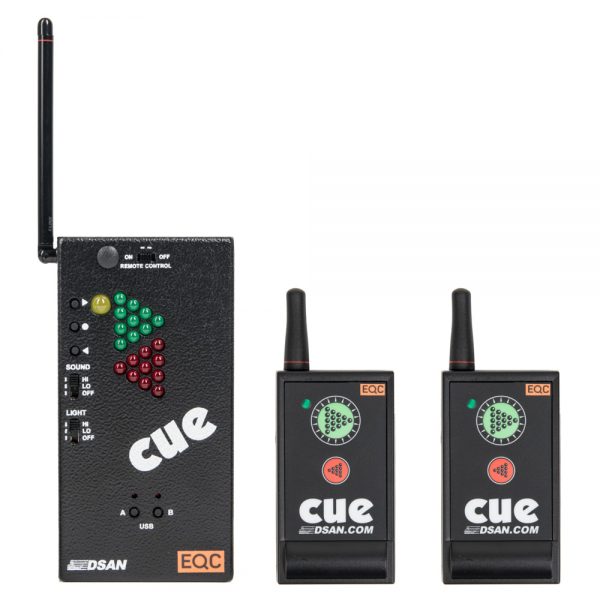 DSAN PerfectCue Mini ist ein Cue-Licht-System mit Basisstation und zwei Zwei-Tasten-Sendern, Reichweite bis 100 m.