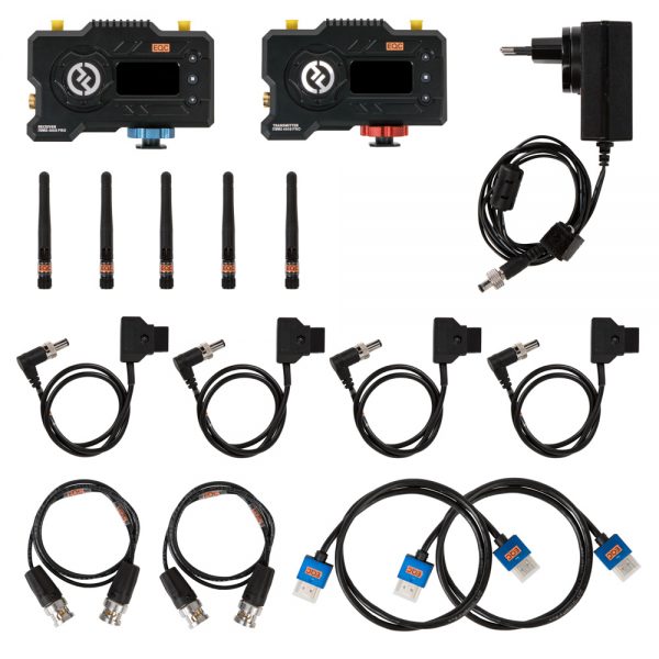 Hollyland Mars 400S Pro HDMI + SDI Videofunk-System im Set mit fünf Antennen, Netzteil und Kabeln.
