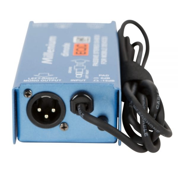 Millenium dimode passive Stereo-DI-Box mit 3,5-mm-Klinkeneingang und Pad-Schalter für -15 dB.