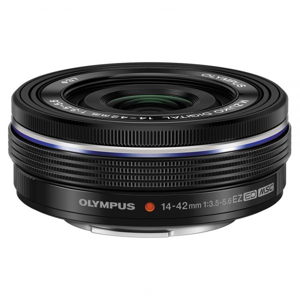 Olympus M.Zuiko 14-42mm f/3.5-5.6 EZ Pancake-Zoomobjektiv mit elektronischem Zoom-Mechanismus.