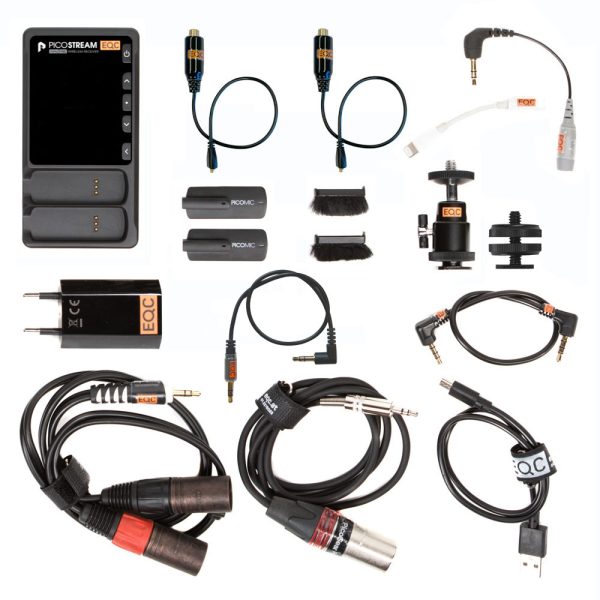 PicoGear PicoMic 2-Kanal-Audiofunkstrecke mit Empfänger und zwei angedockten Sender-Mikrofonen.