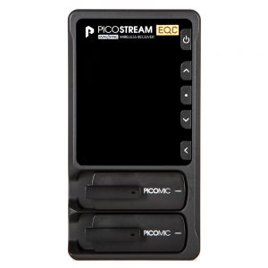PicoGear PicoMic 2-Kanal-Audiofunkstrecke mit Empfänger und zwei angedockten Sender-Mikrofonen.