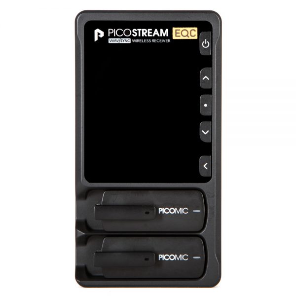 PicoGear PicoMic 2-Kanal-Audiofunkstrecke mit Empfänger und zwei angedockten Sender-Mikrofonen.