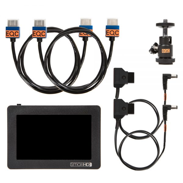 SmallHD DP4 Kamera Monitor 4,3 Zoll im Set mit HDMI-Kabeln und Blitzschuh-Kugelkopfadapter.