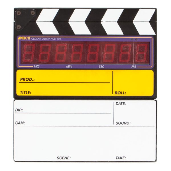 Ambient Clockit Master Klappe ACD101 Timecode-Klappe mit Quarzoszillator-Genauigkeit unter 1 Frame pro Tag.
