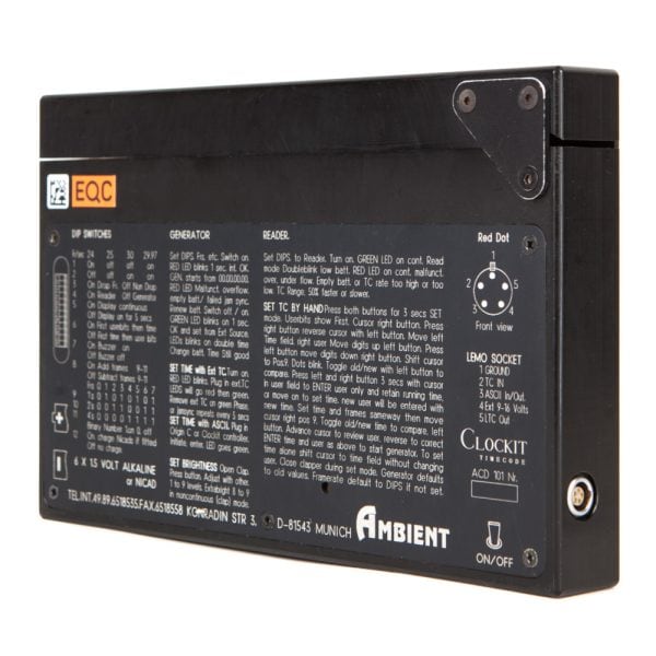 Ambient Clockit Master Klappe ACD101 Timecode-Klappe mit Quarzoszillator-Genauigkeit unter 1 Frame pro Tag.