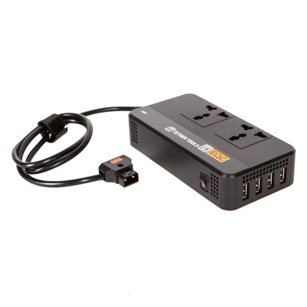 Tether Tools ONsite Power Hub wandelt D-Tap-Akkustrom in bis zu 200 Watt an zwei AC-Steckdosen und vier USB-Ports um.