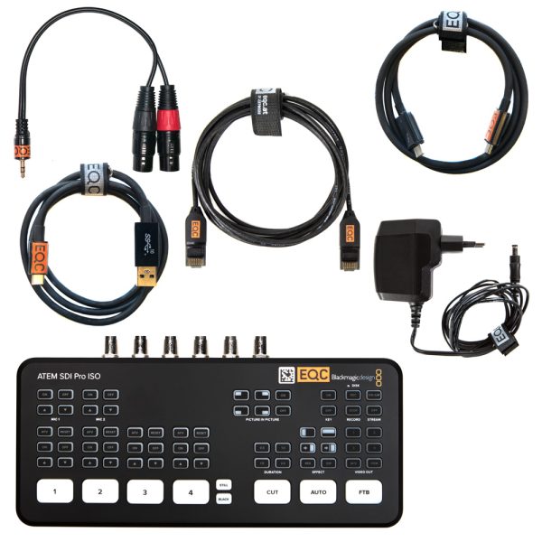 Blackmagic Design ATEM SDI Pro ISO HD Switcher im Set mit SDI- und Audiokabeln sowie Netzteil.