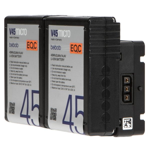 Bebob VMICRO2 Hotswap-Adapterplatte für zwei Micro-V-Mount-Akkus mit D-Tap-Ausgang und LED-Ladestandsanzeige.