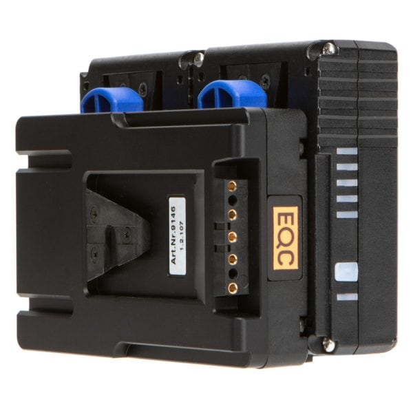 Bebob VMICRO2 Hotswap-Adapterplatte für zwei Micro-V-Mount-Akkus mit D-Tap-Ausgang und LED-Ladestandsanzeige.