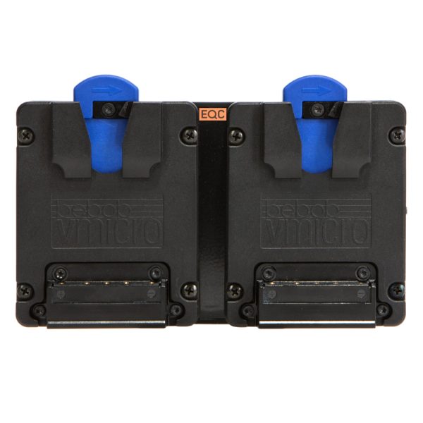 Bebob VMICRO2 Hotswap-Adapterplatte für zwei Micro-V-Mount-Akkus mit D-Tap-Ausgang und LED-Ladestandsanzeige.