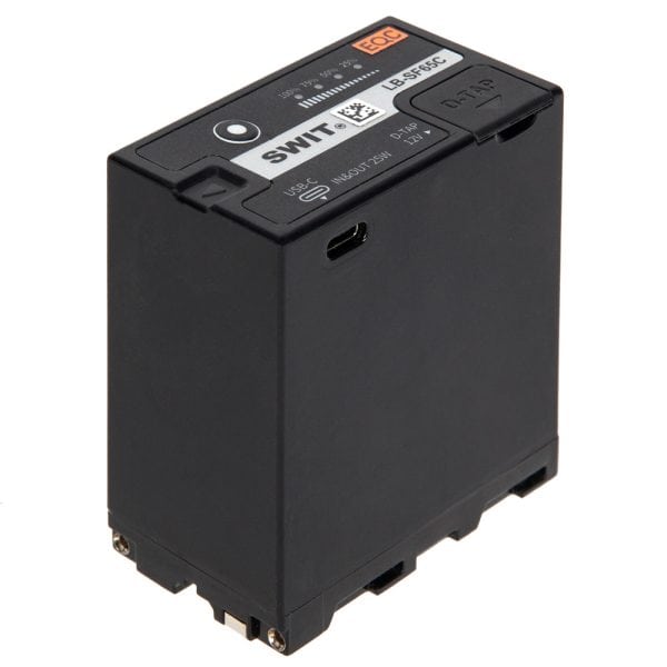 SWIT LB-SF65C NP-F-Akku mit 65 Wh Kapazität und vierstufiger LED-Ladestandsanzeige.
