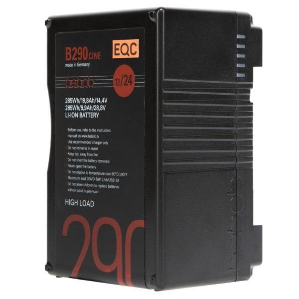 Bebob B290Cine B-Mount-Akku mit 285 Wh Kapazität, Twist-D-Tap-Ausgang und zusätzlichem USB-C-Port.