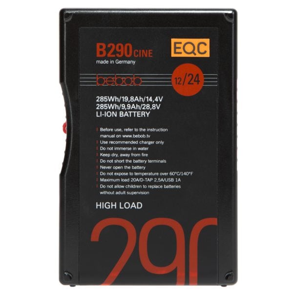 Bebob B290Cine B-Mount-Akku mit 285 Wh Kapazität, Twist-D-Tap-Ausgang und zusätzlichem USB-C-Port.