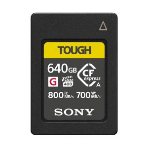 Sony CFexpress-Typ-A-Speicherkarte der TOUGH-Serie mit 640 GB und Lesegeschwindigkeit bis zu 800 MB/s.