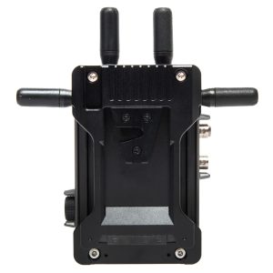 DJI Transmission ist ein Videofunk-Modul mit zwei Antennenanschlüssen und einer V-Mount-Batterieplatte an der Rückseite.