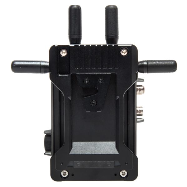 DJI Transmission ist ein Videofunk-Modul mit zwei Antennenanschlüssen und einer V-Mount-Batterieplatte an der Rückseite.