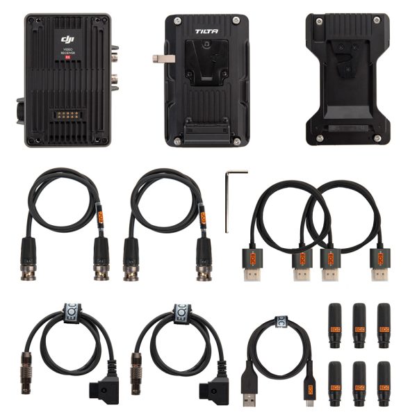 DJI Transmission ist ein Videofunk-Modul, hier mit Tilta-Halterung, BNC-Kabeln und diversen Adapterkabeln im Set.
