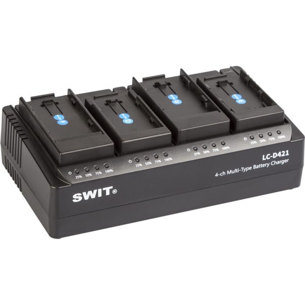SWIT LC-D421 ist ein 4-Kanal-Ladegerät für Kamera-Akkus mit vier Akkuplatten und Status-LEDs je Kanal.