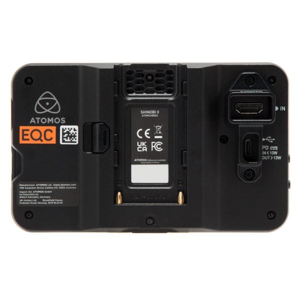 Atomos Shinobi II HDR-Monitor, Rückseite mit NP-F-Akkuslot, HDMI-Eingang und USB-C-Anschluss.