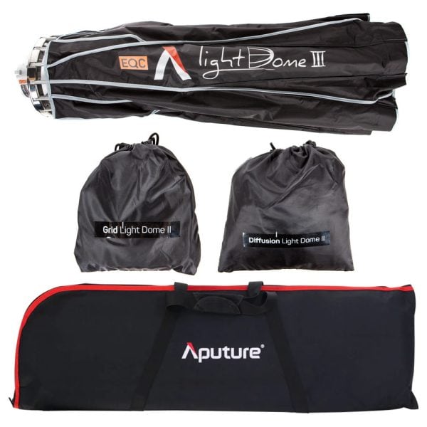 Aputure Light Dome III Softbox 90cm mit Tragetasche und separaten Zubehörbeuteln.