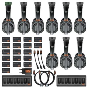 Hollyland Solidcom SE Pro 11S Intercom-System mit neun Headsets, Akkus und Ladestationen.