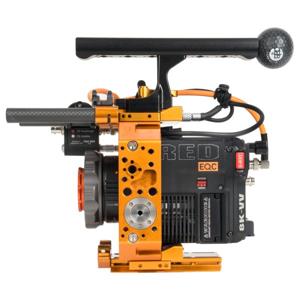 RED V-RAPTOR 8K VV Kinokamera mit seitlich montiertem Akkumodul und Tragegriff im Profil.