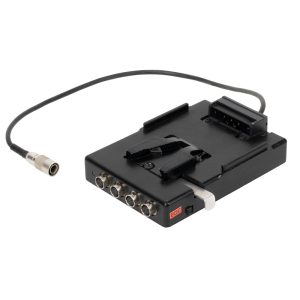 Ambient VPAK II V-Mount-Netzteil mit vier 4-poligen Hirose-Buchsen und fest angeschlossenem Ausgangskabel mit Hirose-Stecker.