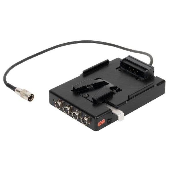 Ambient VPAK II V-Mount-Netzteil mit vier 4-poligen Hirose-Buchsen und fest angeschlossenem Ausgangskabel mit Hirose-Stecker.