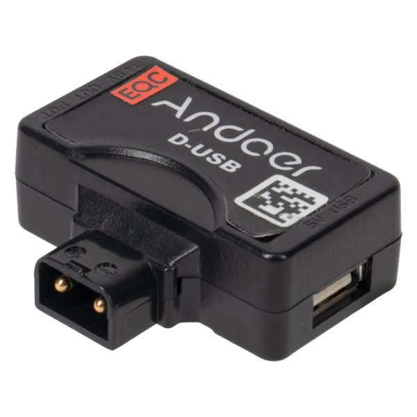 Andoer D-Tap-Adapter mit D-Tap-Stecker und seitlichem USB-Ausgang, oben der Aufdruck D-USB.