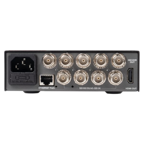 Blackmagic Design MultiView 4 von hinten mit SDI-Buchsen, HDMI-Ausgang, Ethernet-Anschluss und Netzanschluss.