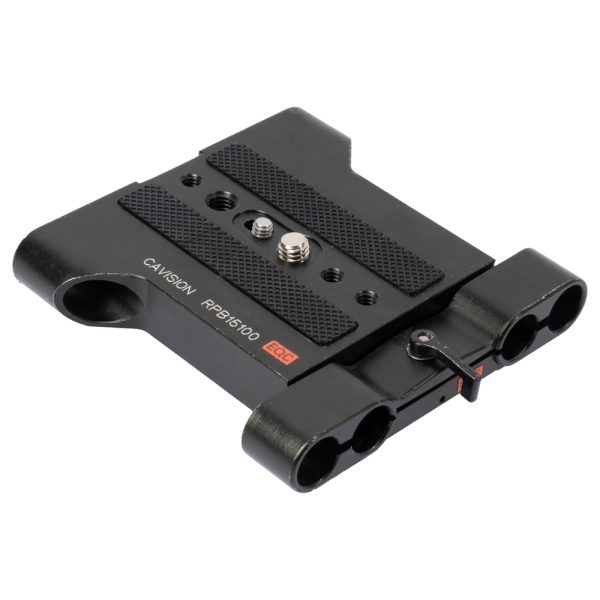 Cavision RPB15100 Grundplatte für 15-mm-Rods mit Gummiauflage und Kameraschraube, schräg von vorne.