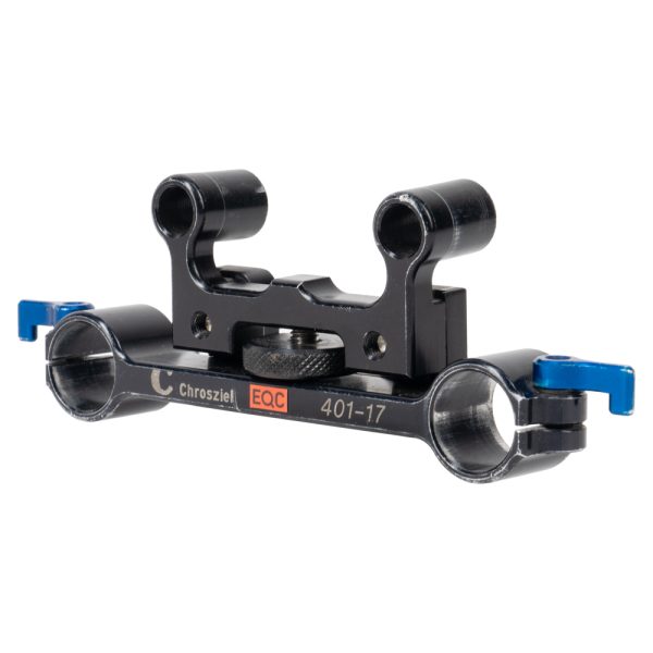 Chrosziel 401-17 Schienenadapter von vorne mit zwei 19-mm-Klemmen samt blauen Hebeln und zwei 15-mm-Rod-Aufnahmen.