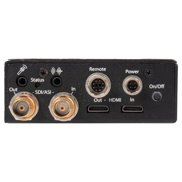 Convergent Design nanoFlash von der Seite mit SDI-, HDMI-, Audio-, Remote- und Stromanschlüssen.