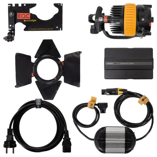 Dedolight DLED4.1-D Set mit Leuchtenkopf, Torblende, Halterung, Vorschaltgerät, Netzteil und Kabeln.