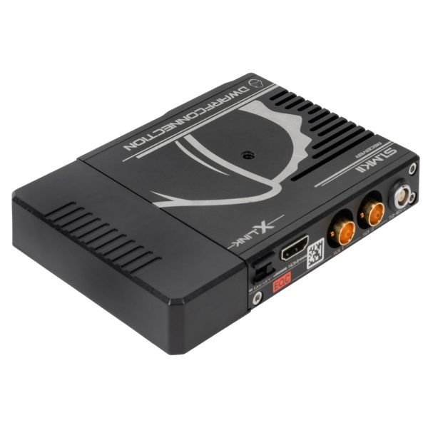 DwarfConnection X.LINK S1 MKII WHDI-Empfänger von hinten mit zwei SDI-Buchsen und HDMI-Ausgang.