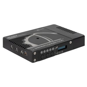 DwarfConnection X.LINK S1 MKII WHDI-Empfänger von vorne mit Display, Bedientasten und Anschlüssen.