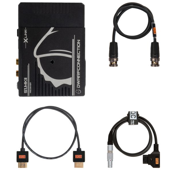 DwarfConnection X.LINK S1 MKII mit Lieferumfang: Empfänger, SDI-Kabel, HDMI-Kabel und D-Tap-Stromkabel.