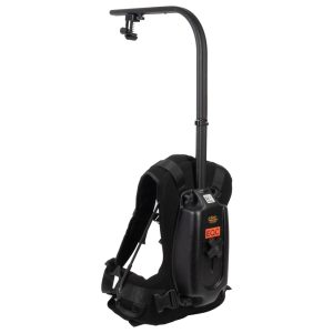 Easyrig Minimax Kamera-Tragesystem mit Weste, Hüftgurt und gebogenem Tragarm, schräg von hinten.