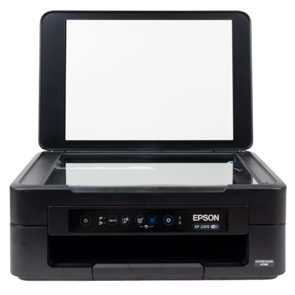 Epson XP-2205 Multifunktionsdrucker mit geöffnetem Scannerdeckel und Bedienfeld, von vorne gesehen.