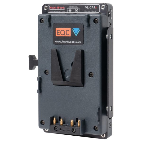 Hawk-Woods VL-CA4X V-Lok Kamera-Stromadapter von vorne mit V-Mount-Aufnahme und Akkukontakten.