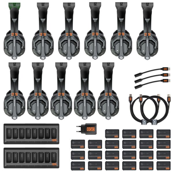 Hollyland Solidcom SE Pro 11S Intercom-Set mit elf Headsets, Akkus, zwei Ladestationen, Netzteil und Kabeln.