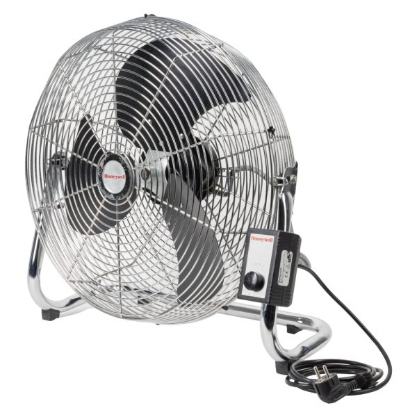 Honeywell HV-180E Windmaschine mit verchromtem Schutzgitter, Rohrgestell und Drehregler am Netzkabel.