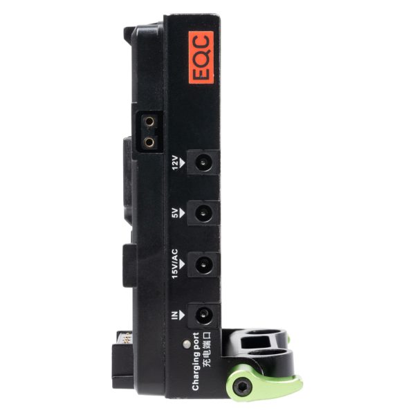 Lanparte VBP-01 V-Mount-Akkuplatte von der Seite mit Ausgängen für 12 V, 5 V, 15 V und Ladeeingang.