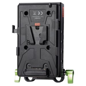 Lanparte VBP-01 V-Mount-Akkuplatte von vorne mit V-Mount-Aufnahme und Rod-Klemme mit grünem Hebel.