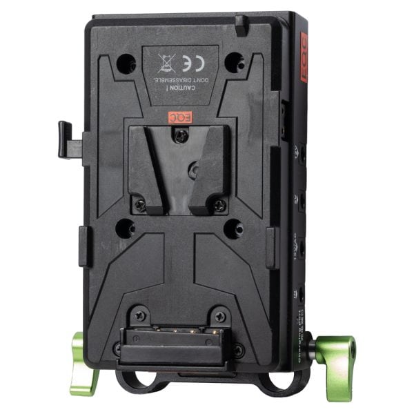 Lanparte VBP-01 V-Mount-Akkuplatte von vorne mit V-Mount-Aufnahme und Rod-Klemme mit grünem Hebel.